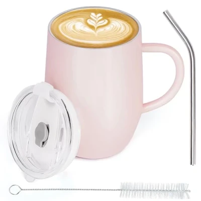 Afbeelding van Belle Vous Roestvrij Staal Geïsoleerde Reismok met Handvat 350 ml Dubbelwandig Herbruikbare Thermische Kop &amp; Plastic Deksel Vacuüm Lekvrije Tumbler voor Hete Koude Drank, Waaronder Koffie/Thee