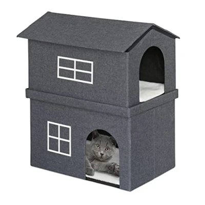 Afbeelding van Relaxdays kattenhuis indoor opvouwbaar modern kattenmeubel hoge kattenmand met dak