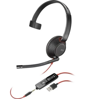 Image de Poly Blackwire 5210 5200 series micro casque sur oreille filaire Suppresseur de bruit actif jack 3,5mm, USB A noir certifié pour Skype for Business, Microsoft Teams, Avaya, Cisco Jabber
