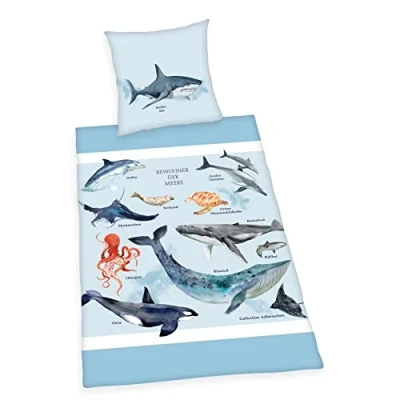 Afbeelding van Herding Bewohner der Meere beddengoed, kussensloop 80 x cm, dekbedovertrek 135 200 met gemakkelijke ritssluiting, 100% katoen/versterkt, blauw