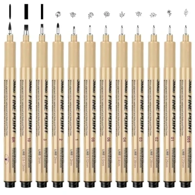 Afbeelding van HFDONGL Set van 12 viltstiften met fijne punt, zwart, voor illustraties, schetsen, technische tekeningen