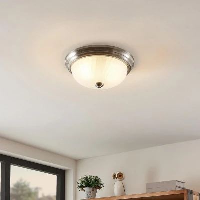 Afbeelding van Lindby plafondlamp 2lichts ijzer, glas H: 12.2 cm E27 antiek messing, opaalwit