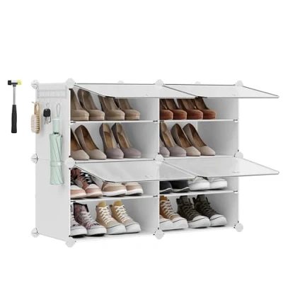 Afbeelding van SONGMICS Schoenenrek met 4 vakken, modulair opbergrek, vak 30 x 40 cm, deur, stalen frame, kunststof panelen, wit LPC032W01