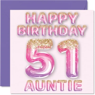 Afbeelding van Verjaardagskaart voor tante 51 jaar, roze en paarse glitterballonnen, verjaardagskaarten jarige van neef nichtje, 145 mm x