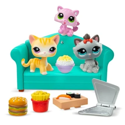 Afbeelding van BANDAI Littlest Pet Shop BF00636 Dîner amusant avec 3 animaux de compagnie, 7 accessoires, 1 carte collecteur, code virtuel, génération domestiques 166, 167, 168, figurines LPS, à partir