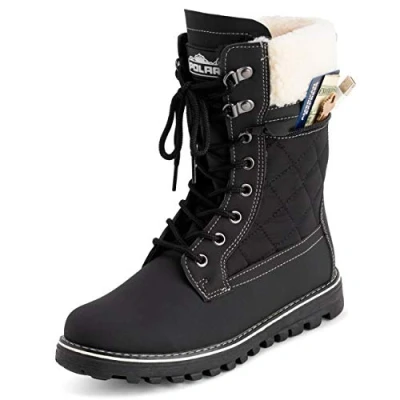 Afbeelding van Polar Dames sneeuwlaarzen van traagschuim met buitenzak, ritssluiting aan de binnenkant en rubberen zool, Zwart Beige Shearling