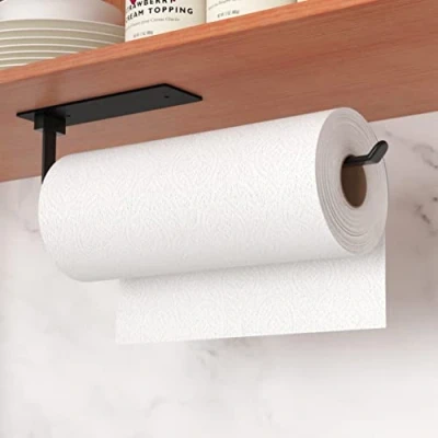 Afbeelding van Zwarte keukenrolhouder zonder boren, keukenrolhouder, zelfklevend, praktische Zewa rolhouder onder kast voor het bewaren en organiseren van aan de muur