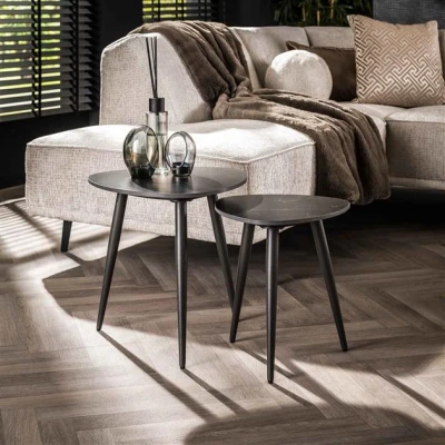 Afbeelding van Hoyz Collection Bijzettafel Set 2 Driehoekig Ceramic Natural Black