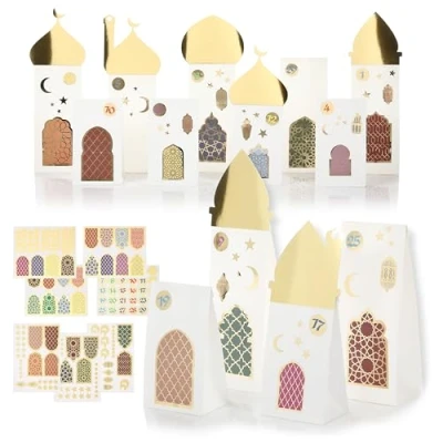 Afbeelding van CraftWerk Ramadan kalender om te vullen, 30 geschenkzakjes met stickers en daken neer zetten decoreren, knutselset voor kinderen volwassenen