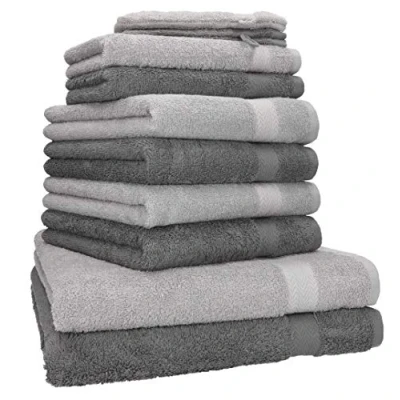 Afbeelding van Betz 10 delige premium handdoekenset, 100% katoen, 2 badhanddoeken, 4 handdoeken, gastendoekjes, washandjes, kleur: antracietgrijs en zilvergrijs