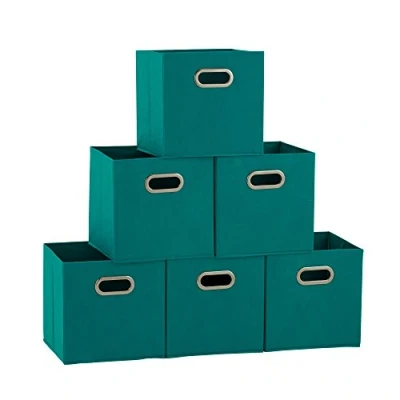 Afbeelding van Household Essentials 83 1 Set van 6 opvouwbare stoffen opbergbakken met handgrepen, turquoise, blauwgroen, 2,7 kg