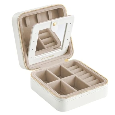 Afbeelding van SONGMICS JBC146BEV2 Kleine draagbare sieradendoos met spiegel, ritssluiting, PU coating, 11,4 x 5,5 cm, cadeau idee, wolkenwit