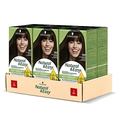 Image de Schwarzkopf, Natural &amp; Easy Lot de 6 teints capillaires permanents nourrissants avec huile d&#039;olive et extrait lavande, couverture cheveux blancs, teinte 580 marron foncé naturel