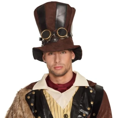 Afbeelding van Boland 54514 Starepunk hoed met vliegeniersbril, bruin, victoriaanse stijl, themafeest, mottofeest, carnaval