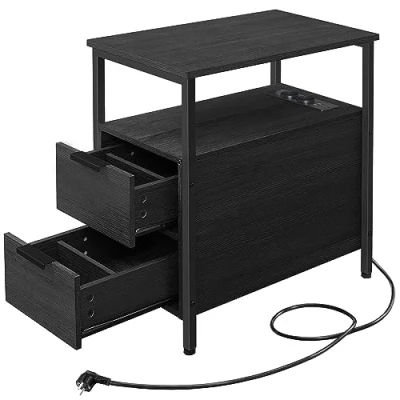 Afbeelding van VASAGLE LCT648B22 Set van 2 bijzettafels, nachtkastjes met stekkerdoos, laden, banktafels, voor woonkamer, slaapkamer, antracietgrijs/klassiek zwart