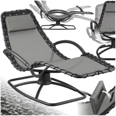 Afbeelding van tectake® ligstoel Toulon Ergonomische tuinstoel met schommelfunctie Verstelbare voor tuin, terras, balkon hoofdkussen en comfortabele armleuningen 120kg draagkracht Grijs