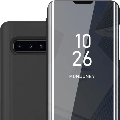 Afbeelding van Cadorabo Hoesje geschikt voor Samsung Galaxy S10 PLUS in TOERMALIJN ZWART Clear View Spiegel Beschermende Case met Tribunefunctie 360 Graden Bescherming Book Cover Etui