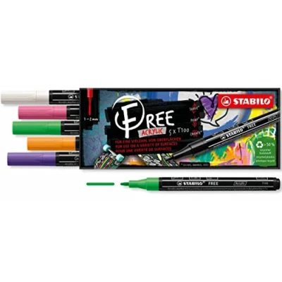 Afbeelding van STABILO FREE Acryl Marker T100 Ronde Punt 1 2 mm Set Lente Met 5 Verschillende Kleuren