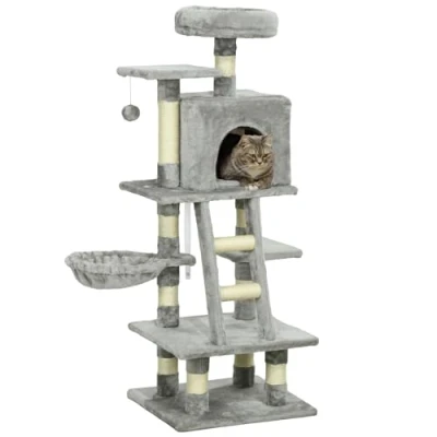 Afbeelding van PawHut arbre à chat Avec grotte pour 132 cm hamac, balle de jeu, panier, d&#039;escalade chats jusqu&#039;à 4,5 kg En sisal Gris