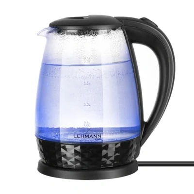 Afbeelding van Lehmann LHOEK 2220C Elektrische waterkoker van glas voor de keuken, 2 l, 2200 W, met lichtreservoir en versierde sokkel, snel koken grote capaciteit