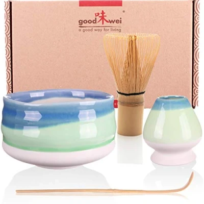Afbeelding van Goodwei Matcha theeset Japanse met bamboe garde, ceremonieschaal van keramiek en gardehouder, geschenkdoos (Sumi, 80)