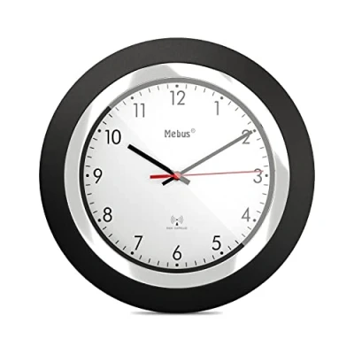 Afbeelding van MEBUS Funk wanduuruur/klassiek model/zwart frame/wit wijzerplaat/24 cm diameter/rond/zwenklicht (DCF77) / model: 19451 kleur: zwart, wit