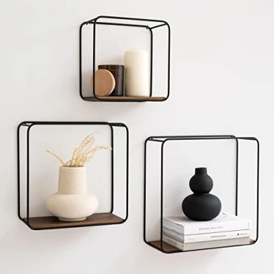 Afbeelding van Kazai. Jona Wandplanken, 3 delig rek van metaal en fineer echt hout, wanddecoratie, opslag boekenrek voor badkamer, woonkamer, keuken, slaapkamer, walnoot