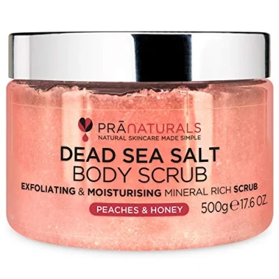 Image de PraNaturals Gommage pour le corps au sel de la Mer Morte 500gr Hydratant, huiles naturelles et minéraux, douce odeur fruitée, sans parabènes, vegan cruauté animale (Pêches miel)