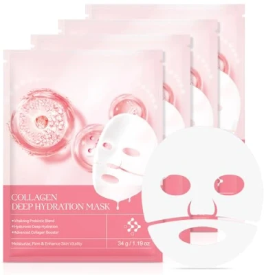 Afbeelding van Set van 4 biologische collageenmaskers voor diepe hydratatie, hydratatie hyaluronzuur, geavanceerde collageenbooster, vermindert fijne lijntjes en rimpels, minimaliseert poriën
