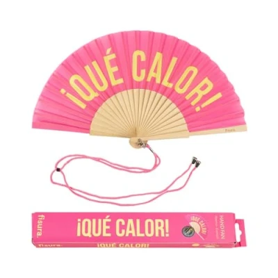 Afbeelding van Fisura Originele waaier met Spaanse boodschap. Moderne en grappige houten waaiers. Afmetingen: 42,5 x 23. Materiaal: hout textiel. (Cé calor, roze)