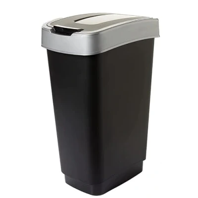 Afbeelding van SUSTANIA Afvalemmer voor de keuken, 50 liter, geurwerend, met schommeldeksel, groot, 60 x 45 34 cm, van recyclebare kunststof, robuust, zwart/zilver, gemaakt in EU