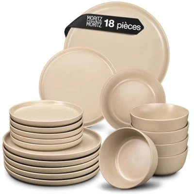 Afbeelding van Moritz &amp; Nordic 18 delig tafelservies voor 6 personen, taupe, elegant aardewerk, bestaande uit platte borden, dessertborden, soepborden