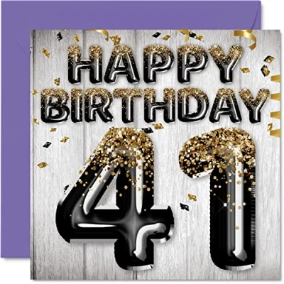 Afbeelding van Stuff4 Verjaardagskaart voor mannen, 41 jaar, zwarte en gouden glitterballonnen, verjaardagskaarten vader, neef, vriend, broer, oom, 145 mm x mm, cadeau