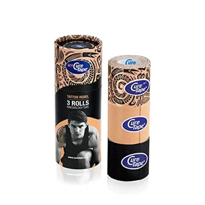 Afbeelding van My CureTape® Tattoo Rebel, koker met 3 rollen Tattoo, zwart en beige Kinesiotape FysioTape