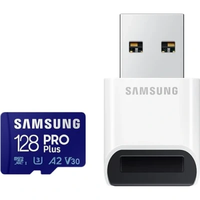 Afbeelding van Samsung Pro Plus 128 GB microSD kaart + USB kaartlezer voor mobiele games op smartphones, tablets en draagbare consoles, UHS I U3, Full HD &amp; 4K UHD, 180 MB/s lezen, 130 schrijven