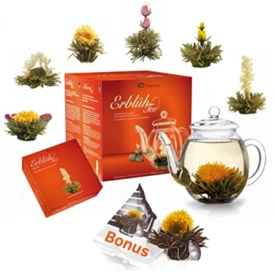 Afbeelding van thee bloemen geschenkset bloeiende met 500ml glazen pot &amp; 6x witte + Teelini zwarte bonusbol 8 stuks