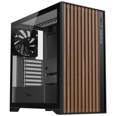 Afbeelding van Itek Case WOODY Gaming Tower, ATX, 3 x 14 cm Black Fan, 2 USB3, Type C, Wood Front, Temp Glass Side Panel