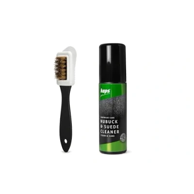 Afbeelding van Kaps Laarzenreiniger van nubuckleer en suède met applicatorkap 4 zijdige schoenborstel, vlekverwijderende shampoo voor sneakers, kledingschoenen, mocassins, sandalen, 75 ml,, Transparant
