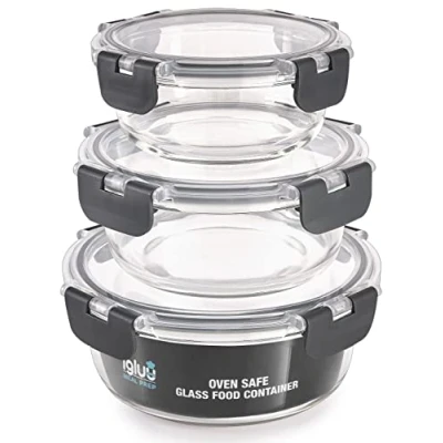 Afbeelding van Igluu Meal Prep Set van 3 Stapelbare Ronde Glazen Containers Lunch Box voor Voedsel Opslag, Vriezer, Magnetron, Oven &amp; Vaatwasserbestendig, BPA Vrij Luchtdichte SnapLock Deksels (Verschillende Groottes)