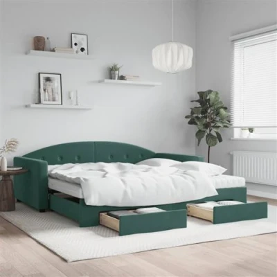 Afbeelding van vidaXL Slaapbank onderschuifbed lades 100x200 cm fluweel donkergroen
