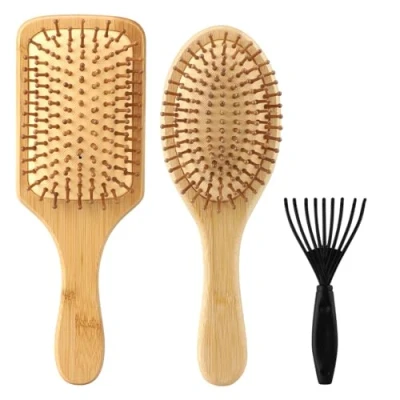 Afbeelding van Haarborstel van natuurlijk bamboe, 2 stuks, met reinigingsborstel, voor mannen, vrouwen en kinderen