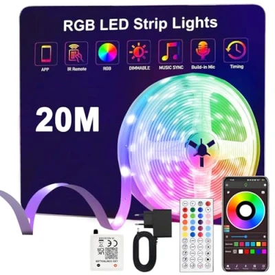 Afbeelding van Anmossi Ledstrip, 20 m, 24 V, RGB, ledstrip met afstandsbediening en bluetooth app, muzieksynchronisatie, timermodus, flexibel, meerkleurig, voor woonkamer, slaapkamer, feest, festival