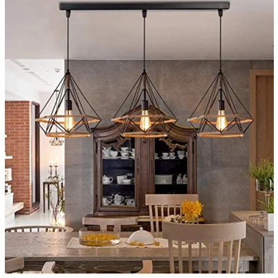 Afbeelding van PETITES ECREVISSES Hanglamp, E27, industrieel, vintage, 3 lampen, plafondlamp, henneptouw, achtergrondverlichting, zwart, binnenverlichting, voor keuken, woonkamer (zwart met stang)