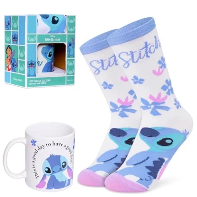 Afbeelding van Disney Stitch Cadeauset met mok en sokken voor dames, wit/blauw