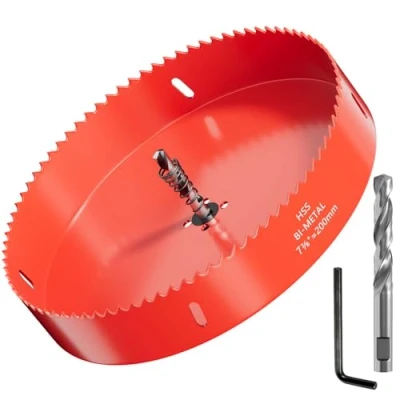 Afbeelding van GARHWAL Bimetalen gatenzaag 200 mm, boorkroon, klokboor, met driehoekige schachtadapter en centreerboor, nauwkeurig snel snijden van hout, kunststof, gipsplaten
