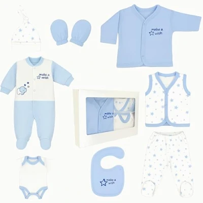 Afbeelding van Blue Eyes Pasgeboren cadeauset 100% natuurlijk katoen Eerste uitrusting Unisex Babykleding 0 4 maanden 8 stuks, Blauwe ster