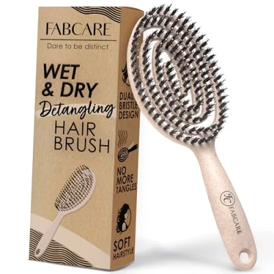 Afbeelding van FABCARE Ronde biologische haarborstel van varkenshaar met e book, ontwarrende borstel dubbele spiraalveer, zonder trekken,