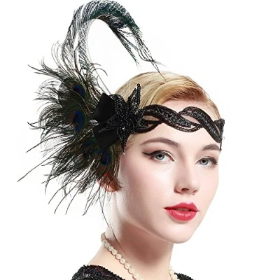 Afbeelding van BABEYOND 1920 Flapper Hoofdstuk Pauw Veer Pailletten Hoofdband Grote Gatsby Accessoire voor Prom Pageant Thema Party (Stijl 1)