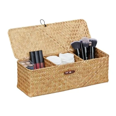 Afbeelding van opbergmand met deksel zeegras 3 vakken 11 x 33 12,5 cm gevlochten badkamer