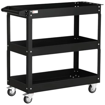 Afbeelding van DURHAND Werkplaatswagen van staal, 3 dienbladen op wielen met handgreep, belastbaar tot 150 kg, 83 x 35,3 76 cm, zwart